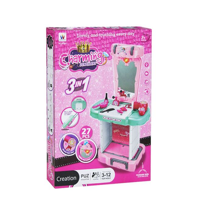 Ensemble de maquillage 3 en 1 pour enfants avec coiffeuse, miroir à lumières et accessoires colorés.