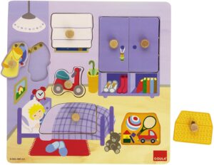 Puzzle en bois représentant les objets d’une chambre d’enfant
