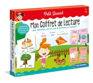 Mon coffret de lecture pour enfants avec cartes, livres et illustrations pour découvrir la lecture pas à pas.