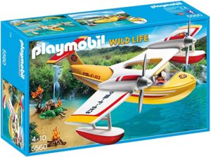 Hydravion de sauvetage Playmobil avec deux figurines, des accessoires de sauvetage et un flotteur pour des missions en mer.