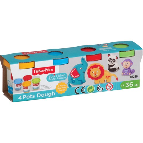 4 pots de pâte à modeler Fisher-Price Doh avec couleurs vives, idéals pour les jeux créatifs et l’apprentissage des enfants.
