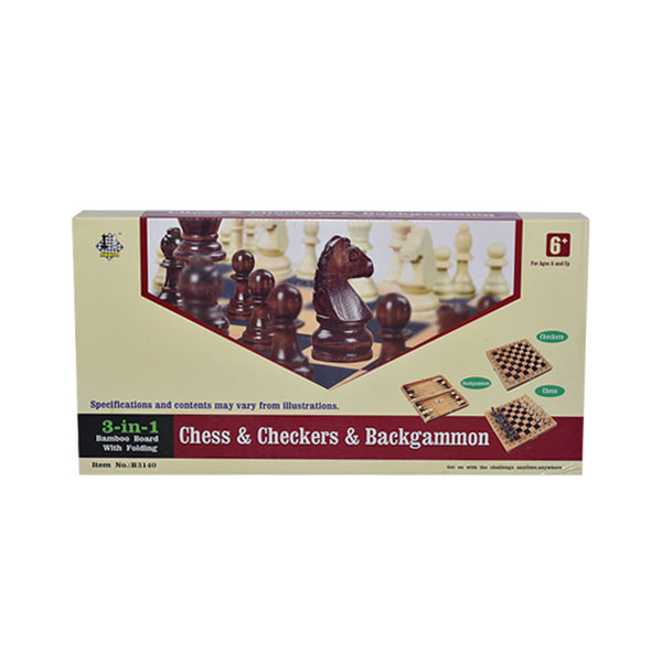 Jeu de société en bois 3 en 1 avec plateau échecs dames et Backgammon