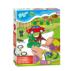 Kit d’origami "Apprenez à plier les petits créateurs" avec papiers colorés et instructions pour enfants, montrant des formes pliées (animaux et objets).