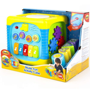 Cube d'activités musicales avec lumière et sons pour bébé, conçu pour éveiller les sens et améliorer la motricité fine.