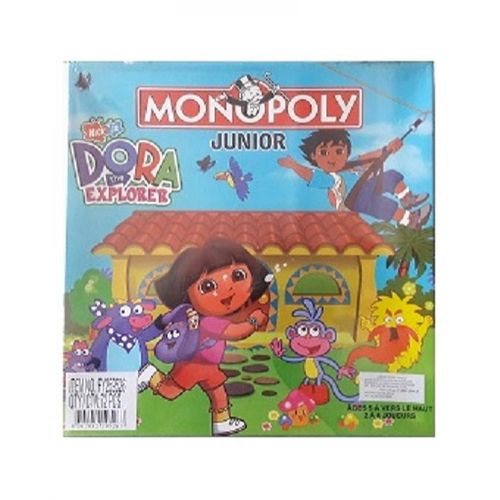 Boîte du jeu Monopoly Junior Dora l’Exploratrice pour enfants avec illustrations colorées et personnages du dessin animé.