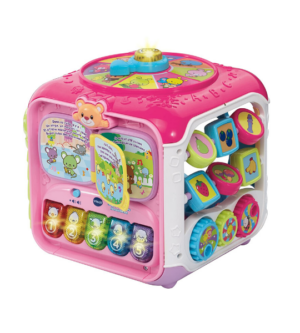 Super Cube des Découvertes VTech pour bébé, avec activités interactives, mélodies, effets lumineux et sons pour favoriser l’éveil sensoriel et la motricité fine.