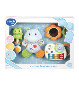 Coffret Naissance Éveil des Sens Bleu de VTech, jouets interactifs pour bébé avec couleurs, sons et textures.