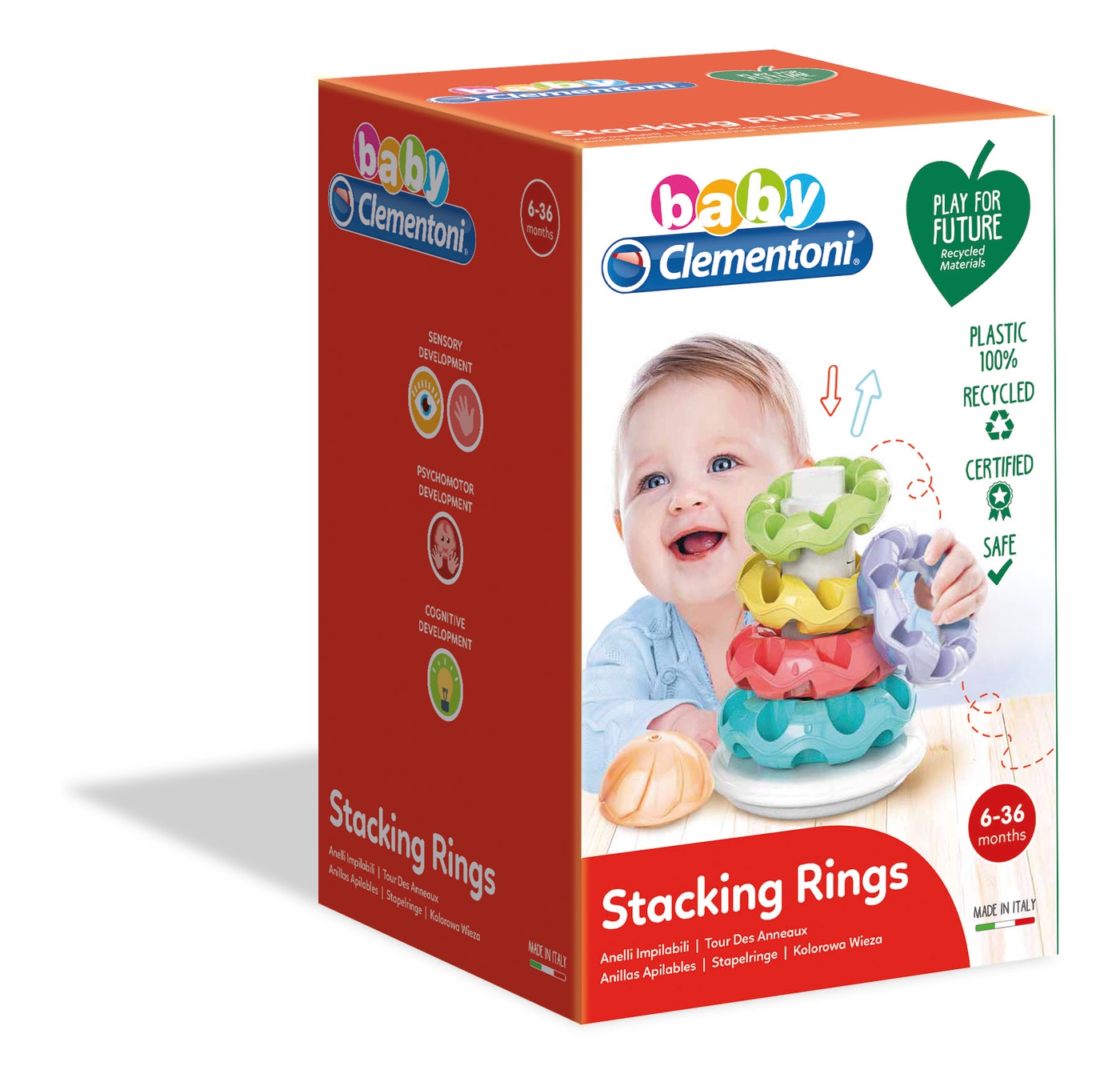 Tour des anneaux en bois pour bébé avec anneaux colorés empilés.