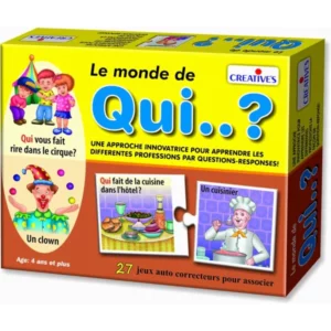 Jeu éducatif Creatives Le Monde de Qui..? avec cartes colorées d’animaux, objets et métiers pour enfants.