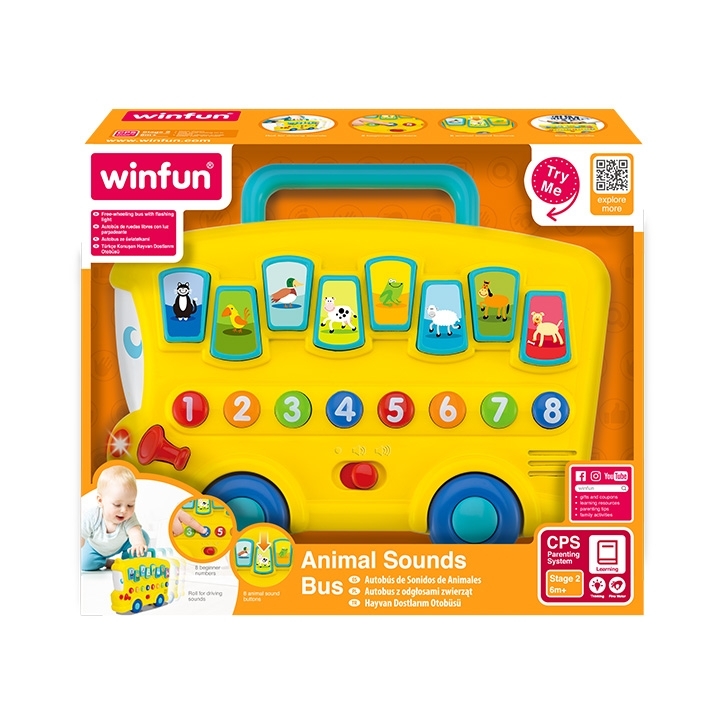 Bus musical coloré pour enfants, avec lumière clignotante, chiffres 1 à 8 et boutons d’animaux sonores.