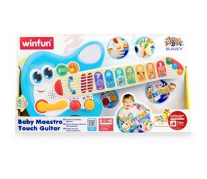 Un bébé joue avec une guitare colorée qui s’illumine. Il appuie sur les boutons et découvre des sons d’animaux et des mélodies joyeuses.