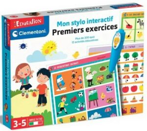Enfant utilisant le stylo magique interactif sur une fiche colorée pour apprendre les couleurs, formes et animaux.