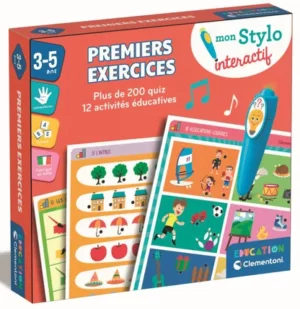 Enfant jouant avec le stylo magique parlant sur des fiches colorées pour apprendre les formes, les couleurs et les dimensions.