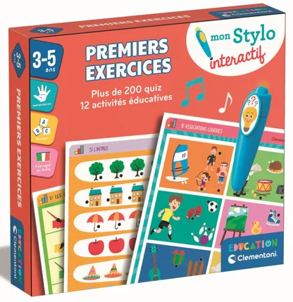 Enfant jouant avec le stylo magique parlant sur des fiches colorées pour apprendre les formes, les couleurs et les dimensions.