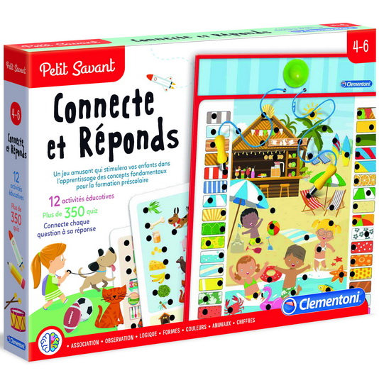 Enfants jouant avec le jeu éducatif Connecte et réponds, apprenant les couleurs, les formes et les chiffres grâce à des cartes colorées et amusantes.