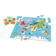 Le coffret contient un puzzle à reconstituer, représentant un planisphère avec les principaux reliefs, les silhouettes des animaux et des images de la végétation typique des différentes régions. https://st0.etoilejouet.ma/wp-content/uploads/2024/08/a-la-decouverte-du-monade-etoile-jouet.jpg