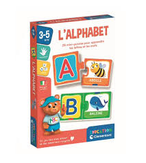 26 mini-puzzles illustrés à assembler pour apprendre les lettres de l’alphabet et les premiers mots. https://st0.etoilejouet.ma/wp-content/uploads/2024/08/mon-alphabet-clementoni-etoile-jouet-1.jpg