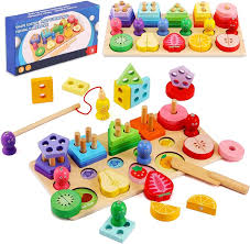 `Coffret éducatif en bois non toxique — motricité fine, tri formes et découpe fruits