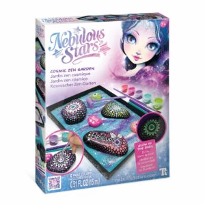 Coffret créatif jardin zen avec pierres à peindre, peintures phosphorescentes et accessoires décoratifs.