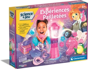  Coffret Expériences Pailletées Clementoni – kit scientifique et créatif pour enfants dès 8 ans avec slime, paillettes et objets décoratifs à créer.