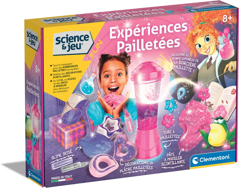 Coffret Expériences Pailletées Clementoni – kit scientifique et créatif pour enfants dès 8 ans avec slime, paillettes et objets décoratifs à créer.