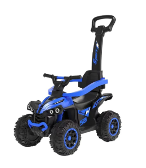 Porteur moto quad MonBébé pour enfants avec siège à haut dossier, arceau de sécurité, musique et barre de poussée.