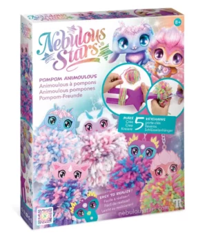 Coffret créatif pour enfants permettant de fabriquer 5 porte-clés Animoulous en pompons colorés.