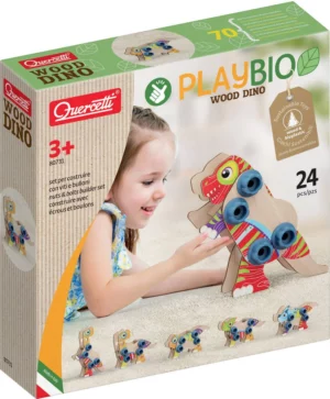 Jeu de construction créatif pour enfants avec dinosaures en bois et boulons en bioplastique, décorés avec des cartes imprimées.