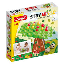 Stay Apple - Jeu d'équilibre de l'arbre, Contenu : Le jeu comprend une couronne d'arbre verte, un tronc pour soutenir la couronne, 24 pommes jaunes et 24 pommes rouges dans des sacs séparés, 2 dés, un plateau en carton, une pièce à découper avec le motif du tronc et la règle du jeu. https://st0.etoilejouet.ma/wp-content/uploads/2025/02/quercetti-apple-etoile-jouet.jpg