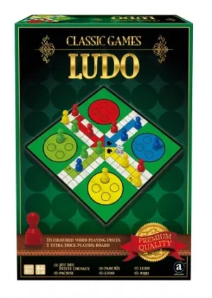 Coffret de jeu de petits chevaux en bois avec grandes pièces colorées et plateau épais présenté dans un élégant coffret doré.