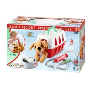 ce joli petit chien en peluche grâce aux accessoires de vétérinaire de ce kit bien pensé LES AFFAIRES DU VÉTÉRINAIRE : Ce pack comprend 1 chien en peluche et sa caisse de transport, 1 écuelle, 1 os, 1 stéthoscope, 1 thermomètre et 1 seringue https://st0.etoilejouet.ma/wp-content/uploads/2025/03/medical-2.webp