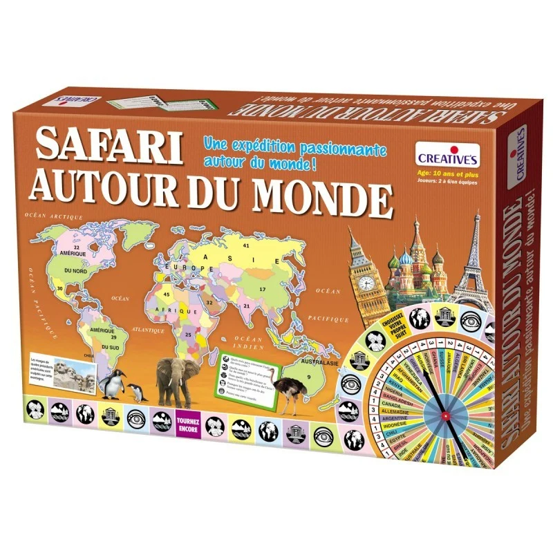 Les caractéristiques principales :- Un jeu éducatif et très intéressant Offre des informations variées sur les continents, les pays et le monde Améliorer les instincts exploratoires et la présence d’esprit Développez l’habileté à mémoriser et à répondre vite Jeu de plateau et d'aventures Contenu : plateau de jeu, carte du monde, pions, roue, cartes Marque : Creatives https://st0.etoilejouet.ma/wp-content/uploads/2025/03/safari-autour-du-monde.webp
