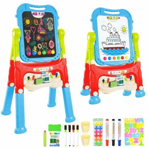 Photo d’un chevalet d’art double face pour enfants avec tableau blanc et noir, cadre en plastique coloré (bleu, rouge, jaune), rotation 360°, accessoires inclus, pour développer créativité et motricité.
