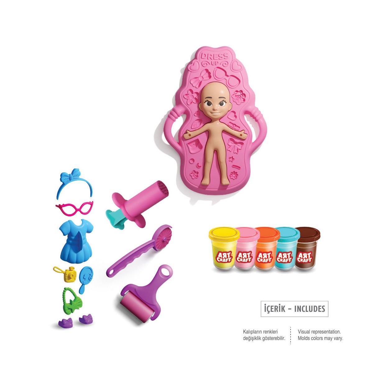 Coffret Dede Art Craft : poupée, pâte à modeler colorée, machine et accessoires pour créer vêtements et tenues originales. Ludique et sûr dès 3 ans.