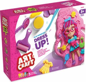 Coffret Dede Art Craft Dress Up Dough Set : poupée avec pâte à modeler colorée et accessoires pour créer vêtements et tenues.