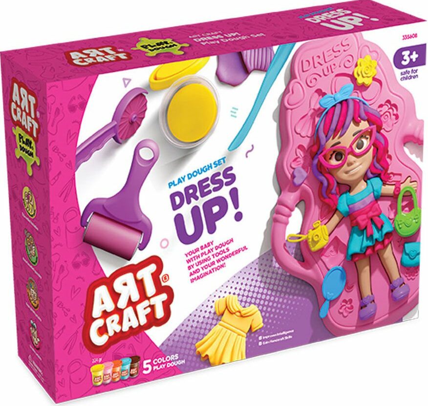 Coffret Dede Art Craft Dress Up Dough Set : poupée avec pâte à modeler colorée et accessoires pour créer vêtements et tenues.