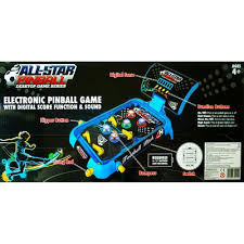 Jeu de flipper All-Star Pinball Game avec plateau coloré, bille métallique et leviers.